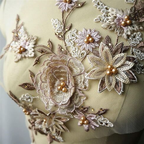 Lace Fabric 3D Flowers Appliques Beads Rhinestones Embroidery Sew Patch for DIY Wedding Decoration Dress (Yellow) in Saudi Arabia