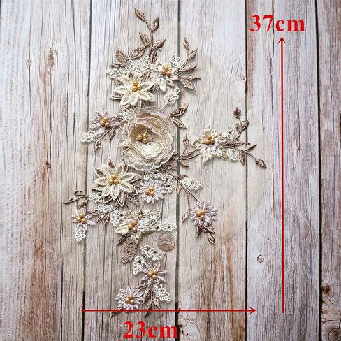 Lace Fabric 3D Flowers Appliques Beads Rhinestones Embroidery Sew Patch for DIY Wedding Decoration Dress (Yellow) in Saudi Arabia