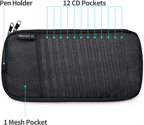 alavisxf xx Car CD Holder, DVD Vehicle Visor Storage Orangizer, Large Capacity CD Visor Case with 12 Sleeves, 1 Mesh Pocket, 1 Pen Holder, 1 Back Inner Pocket (Black) in Saudi Arabia
