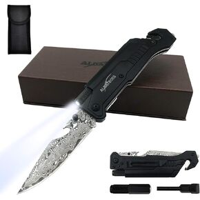 ALBATROSS 6-in-1 Modern Damascus Steel Folding Pocket Knives with LED Light,Seatbelt Cutter,Glass Breaker,Magnesium Fire Starter,Bottle Opener;Multi-Function Emergency Tool(Black-3)