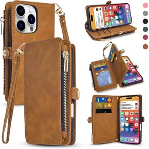 for iPhone 16 Wallet Case 2024 - [Premium RFID Blocking], PU Leather, Zipper Pocket & 7 Card Slots, Shockproof Flip Cover with Kickstand & Wrist Strap for Men & Women Green