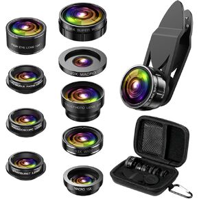 Newest Phone Camera Lens, 9 in 1 Lens Kit, Zoom Lens, 0.36X Wide Angle Lens, 0.63X Wide Lens, 15X Macro Lens, 20X Macro Lens, Fisheye Lens, CPL and Starburst Lens Telephoto Lens for Smartphone