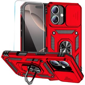 SunStory Case for iPhone 16 Pro Case with HD Screen Protector & Slide Camera Cover & Rotated Ring Kickstand, [Military-Grade] Phone Case for iPhone 16 Pro 6.3", Red