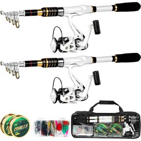 Fishing Rod and Reel Combo, 2PCS Telescopic Fishing Pole Combo White Spinning Reels Lures Set Fishing Line Carrier Bag for Travel Saltwater Freshwater Fishing Collapsible Fishing Kits