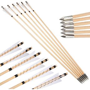 ZSHJGJR Archery 32" Wooden Arrows English Longbow Arrows Practice Targeting Arrows with Turkey Feathers Fletching Bullet Points for Traditional Recurve Bow Longbow Hunting 6/12pcs