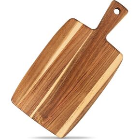Acacia Wood Round Cutting Board and Chopping Board with Handle for Meat, Cheese Board, Vegetables, Bread, and Charcuterie - Decorative Wooden Serving Board for Kitchen and Dining Room, Large 17" x 13"