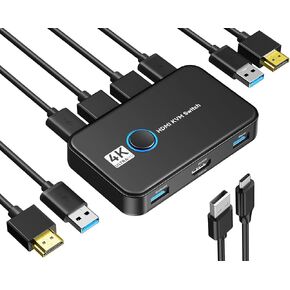 KVM Switch, Giimake KVM Switch HDMI,USB KVM Switch for 2 Computers Sharing One HD Monitor and Keyboard Mouse, Support 4K@60Hz,2 HDMI Cables and 2 USB Cables,1 USB C Charge Cable Included