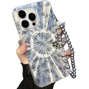 Compatible with iPhone 15 Pro Max Cases,Cute Flower Phone case with Floral Pearl Chain,Compatible MagSafe Silicone Shockproof Phone case for Women and Teenage Girls.