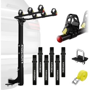 ARKSEN 4 Bike Rack, Heavy Duty Bicycle Carrier, Rear Hitch Mount with 2" Receiver, Tie Down Strap, Anti-Rattle Hitch Tightener & Anti-Sway Cradle Straps, for Car, Truck or SUV Transport