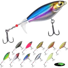 10Pcs Fishing Lures for Bass, Whopper Lures Kit, Top Water Fishing Lures with BKK Hooks, Popper Floating Lure for Bass Catfish Pike