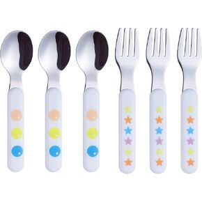 ANNOVA Kids Silverware 6 Pieces Stainless Steel Children's Flatware Set 3 x Forks, 3 x Dinner Spoons Plastic Handle, Toddler Utensils Without Knives, for Babies, Infants BPA Free - Cute Animals