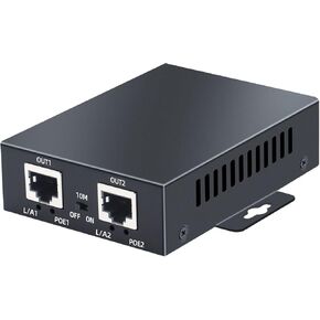 2 Port POE Extender 10/100Mbps,1 in 2 Out POE Repeater for Security Systems IP Camera, PoE Amplifier, PoE Booster, Wall-Mount, IEEE 802.3at / 802.3af, Metal Housing Network PoE Signal Extender