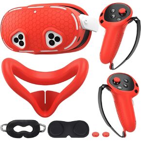 Silicone Cover Set Compatible with Meta/Oculus Quest 3s Accessories, VR Silicone Face Cover, VR Shell Cover,Touch Controller Grip Case,Camera Lens Protector Set (Red)