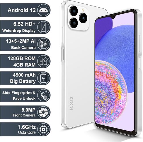 KXD A07 فتح الهاتف الخلوي، هاتف Android 12 غير مقفل، هواتف ذكية سريعة 4500 مللي أمبير 10 وات، 13 ميجابكسل + 8 ميجابكسل، 6.52 بوصة HD+، 8 جيجابايت + 128 جيجابايت/SD 256 جيجابايت، هاتف محمول، بصمة الإصبع/معرف الوجه، هاتف 4G ثنائي شريحة الاتصال - أبيض in Saudi Arabia