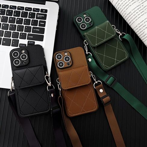 iPhone 15 Pro Crossbody PU Leather Wallet Case Card Holder Compatible with for Cell Phone Purse Slots Shockproof Women Lady Girls-Brown in Saudi Arabia