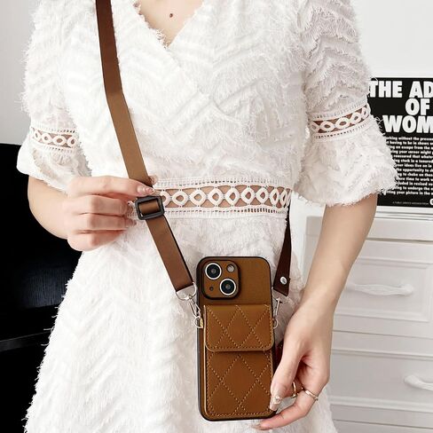 iPhone 15 Pro Crossbody PU Leather Wallet Case Card Holder Compatible with for Cell Phone Purse Slots Shockproof Women Lady Girls-Brown in Saudi Arabia