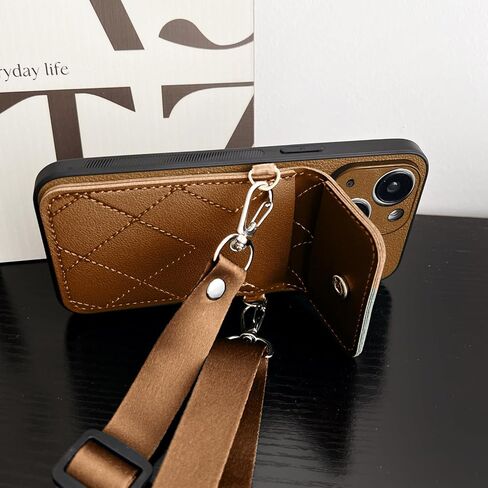 iPhone 15 Pro Crossbody PU Leather Wallet Case Card Holder Compatible with for Cell Phone Purse Slots Shockproof Women Lady Girls-Brown in Saudi Arabia