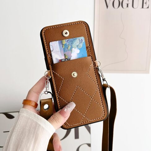 iPhone 15 Pro Crossbody PU Leather Wallet Case Card Holder Compatible with for Cell Phone Purse Slots Shockproof Women Lady Girls-Brown in Saudi Arabia
