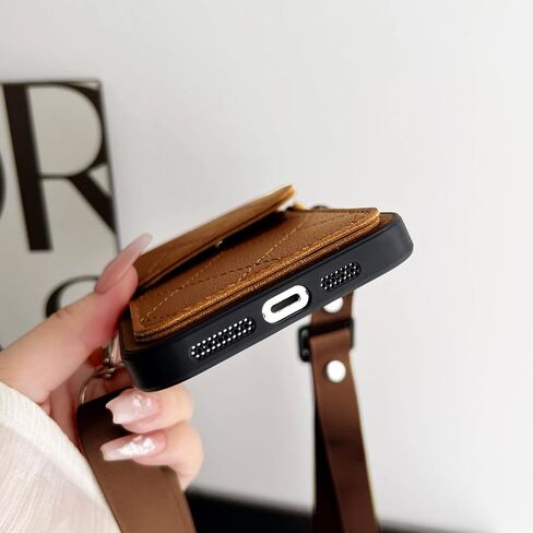 iPhone 15 Pro Crossbody PU Leather Wallet Case Card Holder Compatible with for Cell Phone Purse Slots Shockproof Women Lady Girls-Brown in Saudi Arabia