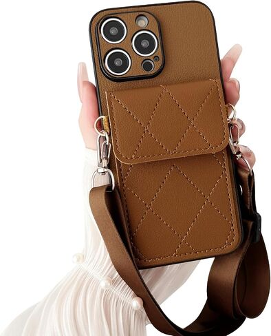 iPhone 15 Pro Crossbody PU Leather Wallet Case Card Holder Compatible with for Cell Phone Purse Slots Shockproof Women Lady Girls-Brown in Saudi Arabia
