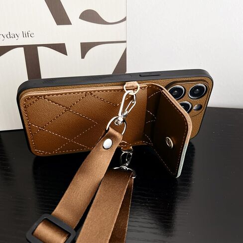 iPhone 15 Pro Crossbody PU Leather Wallet Case Card Holder Compatible with for Cell Phone Purse Slots Shockproof Women Lady Girls-Brown in Saudi Arabia