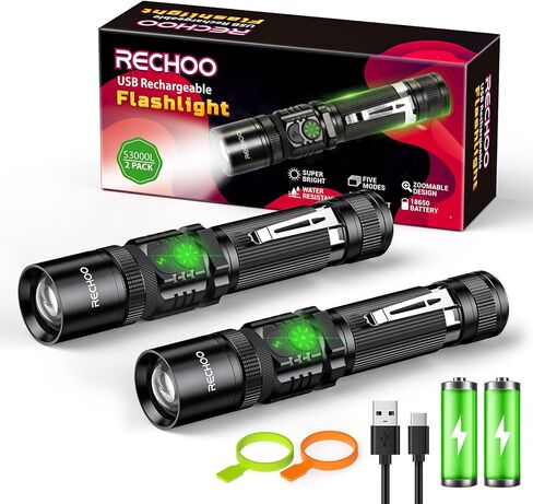مصابيح يدوية قابلة لإعادة الشحن من RECHOO، مصابيح LED عالية التجويف، مفتاح مزدوج S3000L LED، فائقة السطوع 5 أوضاع قابلة للتكبير وقابلة للتكبير ومقاومة للماء EDC للمنزل، وحالات الطوارئ، والتخييم (البطارية متضمنة) in Saudi Arabia