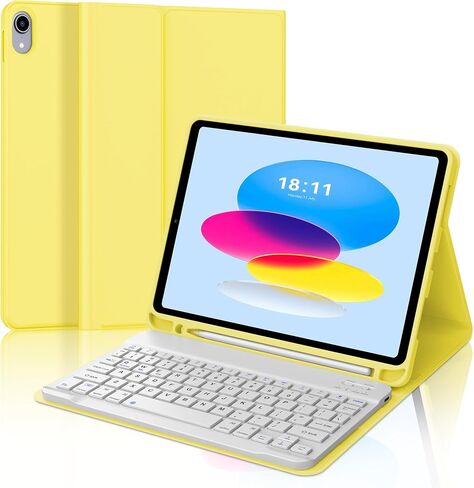 حافظة KVAGO لجهاز iPad الجيل العاشر مع لوحة مفاتيح 10.9 بوصة 2022 - لوحة مفاتيح بلوتوث، 7 ألوان خلفية، لاسلكية قابلة للفصل، حامل أقلام مدمج - حافظة فوليو ذكية باللون الأسود in Saudi Arabia