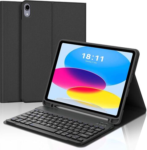 حافظة KVAGO لجهاز iPad الجيل العاشر مع لوحة مفاتيح 10.9 بوصة 2022 - لوحة مفاتيح بلوتوث، 7 ألوان خلفية، لاسلكية قابلة للفصل، حامل أقلام مدمج - حافظة فوليو ذكية باللون الأسود in Saudi Arabia