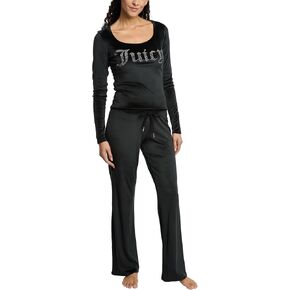 Juicy Couture Women's 2 Piece Velvet Fleece Long Sleeve Top and Pants Lounge Sleepwear Set (US, Alpha, Large, Regular, Regular, Black)