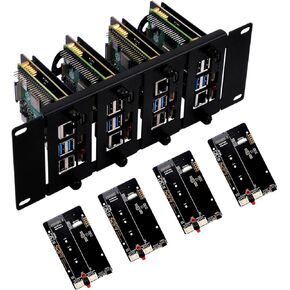 GeeekPi RS02 2U Rack Mount for Raspberry Pi 5/4B, with 4PCS PCIe to M.2 NVMe SSD Adapters, Compatible with DeskPi RackMate T1/10 Inch Server Rack