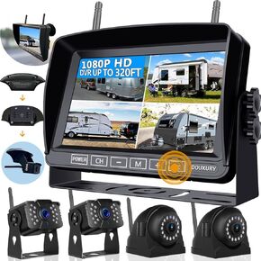 Wireless RV Backup Camera for Trailer Truck Camper Digital Rear Side View Cameras & HD 1080P 4 Splits 7" DVR Screen with Adapter for Furrion Pre-Wired IP69 Waterproof Night Vision 170° Wide View Angle