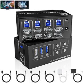 8K@60Hz Displayport USB 3.0 KVM Switch 2 Monitors for 4 Computers 4K@144Hz, DP1.4 Dual Monitor Displayport KVM Switch 4 Port with 4 USB Ports, 8K@60Hz DP Monitor Switch for 4 PCs