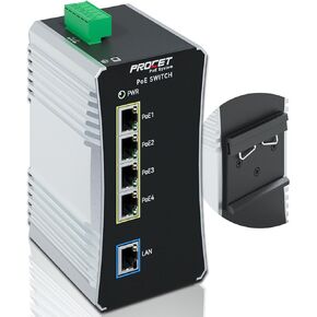 Procet Gigabit PoE Switch 4-Port Din Rail, 90W/Port, Industrial POE++ Ethernet Switch with Wide Temp -40°F to 149°F, Boost, 12-57V DC Input, IEEE802.3af/802.3at/802.3bt, PT-PIS4PB1T-E