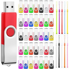 50 Pack USB Flash Drives Bulk with Lanyards USB 2.0 Thumb Drive Swivel Storage Flash Drive Pack Bulk with LED Light for Data Storage Backup, 10 Colors (128 MB)