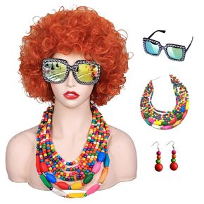 ColorGround Short Curly Orange Red Wig with Necklace Earrings Sunglasses for 70s Costumes Themed Party