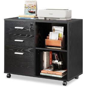 DEVAISE 3-Drawer Wood File Cabinet with Lock, Mobile Lateral Filing Cabinet, Printer Stand with Open Storage Shelves for Home Office, White