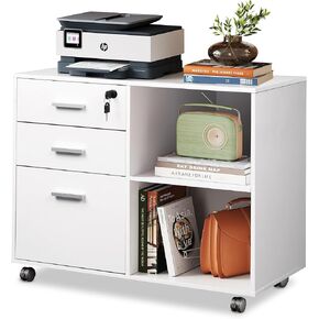 DEVAISE 3-Drawer Wood File Cabinet with Lock, Mobile Lateral Filing Cabinet, Printer Stand with Open Storage Shelves for Home Office, White