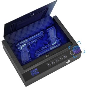 Gun Safe for Handgun, Biometric Gun Safe for Pistols with LCD Display of Time Battery, Pistol Safes for Bedside Desk Vehicle with the Fingerprint, Keypad
