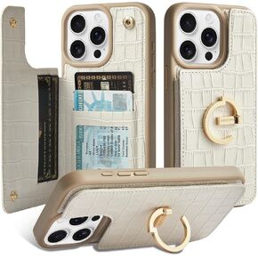 CUSTYPE for iPhone 16 Pro Wallet Case with Card Holder,180°Ring Holder Kickstand Card Slots Case,PU Leather Protective Case for iPhone 16 Pro 6.3 inch-Beige