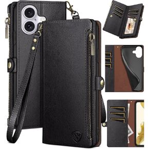 XcaseBar Compatible with iPhone 16 6.1" Wallet case with Zipper Credit Card Holder【RFID Blocking】,Flip Folio Book PU Leather Phone case Shockproof Cover Women Men for Apple 16 case Wine Red
