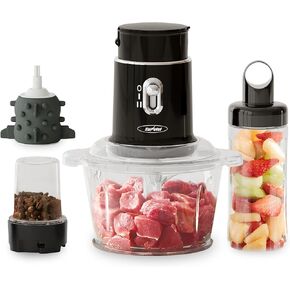 قطاعة طعام كهربائية من صن فيفي، محضرة طعام صغيرة 4 في 1 لطحن اللحوم وتقشير الثوم والعصير، مجموعة خلاط ومطحنة طعام بسرعتين مع وعاء زجاجي سعة 1.5 لتر وكوبين (0.4 لتر + 0.2 لتر)، أسود in Kuwait
