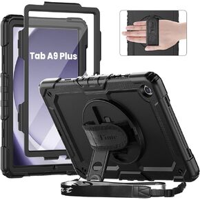 Timecity Case for Samsung Galaxy Tab A9+/ A9 Plus Case 11 inch (SM-X210/X216/X218), Full-Body Protective Case with Screen Protector, Rotating Stand, Hand/Shoulder Strap Galaxy A9+ Tablet Case- Black