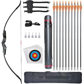 Archery Recurve Bow and Arrows Set for Adults Beginner Teens 30 40 lbs Black Longbow Kit with Quiver Target Faces Arm Guard Finger Saver,Takedown Longbow Kit for Outdoor Hunting