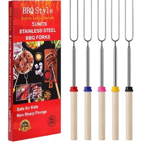 Marshmallow Roasting Sticks, Telescoping Smores Sticks for Open Fire Pit, 32 Inch Long Marshmallow Toasting Barbecue Forks BBQ S’mores Skewers for Campfire Camping Hotdog Hot Dog Bonfire Grill, 5 Pack