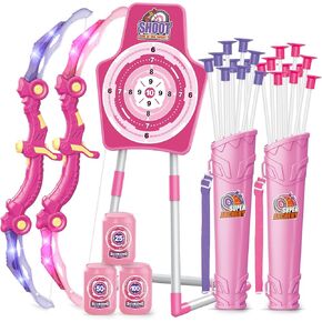 Bow and Arrow Toys for 5 6 7 8 9 10 Years Olds Girls, Archery Set Includes 2 Super Bow with LED Lights, 20 Suction Cups Arrows,Archery Set with Standing Target,3 Target Cans,Gift for Kids