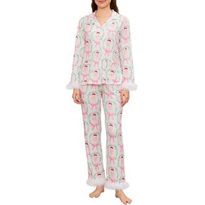 Womens Christmas Pajamas Sets Long Sleeve Button Fur Trim Shirt Matching Pants 2 Piece Lounge Set Sleepwear