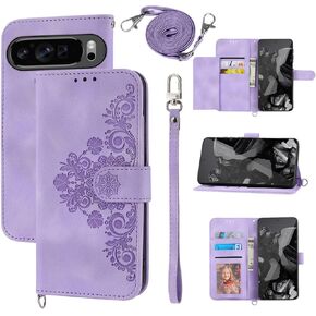 Wallet Case Compatible with Google Pixel 9/9 Pro 5G with Wrist Strap Crossbody Strap, Embossed Leather Flip Credit Card Holder Stand Cell Phone Cover for Pixel9 9Pro Nine Women Girls Pink