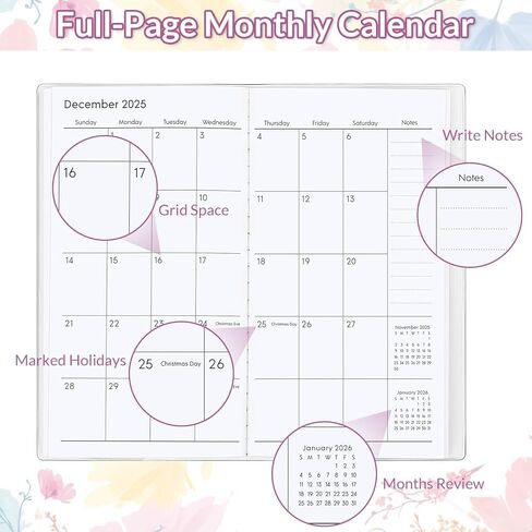 2025-2026 Pocket Planner/Calendar, Floral Monthly Planner 2024-2026 - 6.7" x 3.7" - Runs from November 2024 Until December 2026, 2025 Pocket Planner with PVC Cover for Planning in Kuwait
