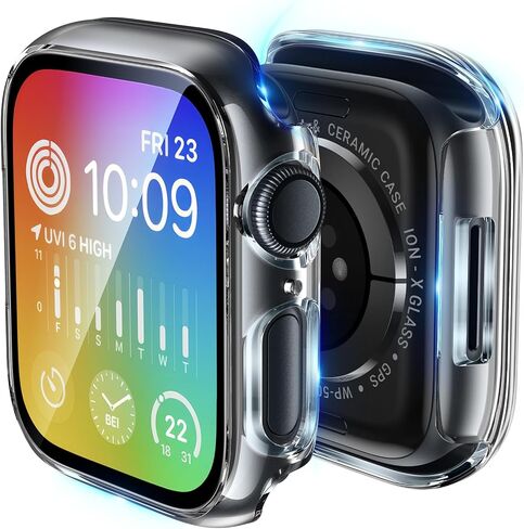 حافظة BAZO صلبة شفافة من البولي كربونات متوافقة مع Apple Watch Series 10 (2024) 46 مم مع واقي شاشة من الزجاج المقوى - حساس للمس، غطاء حماية شامل عالي الدقة ورفيع للغاية لساعة iWatch 46 مم - عبوتان in Kuwait