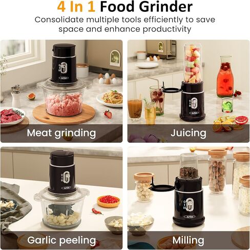 قطاعة طعام كهربائية من صن فيفي، محضرة طعام صغيرة 4 في 1 لطحن اللحوم وتقشير الثوم والعصير، مجموعة خلاط ومطحنة طعام بسرعتين مع وعاء زجاجي سعة 1.5 لتر وكوبين (0.4 لتر + 0.2 لتر)، أسود in Kuwait